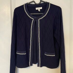 Rio & Rian New York Navy Quilted Knit Cardigan Gold Chain Trim Women’s Size